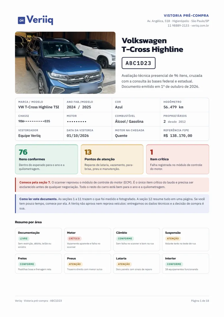 Capa de um relatório Veriiq com dados do carro, itens conformes, pontos de atenção e item crítico